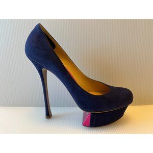 Nicholas Kirkwood Blue Suede Platform Pumps w/ Pink Panels, Size 8.5 US, 38.5 IT